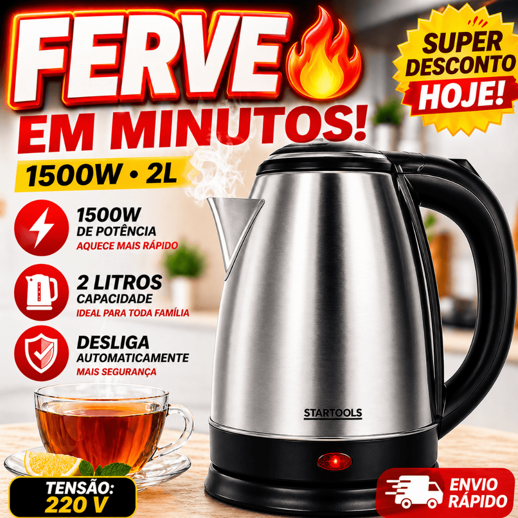 🔥 Chaleira Elétrica Inox 2L 220V Potente 1500W Ferve Água Rápido Café Chá Chimarrão ⚡