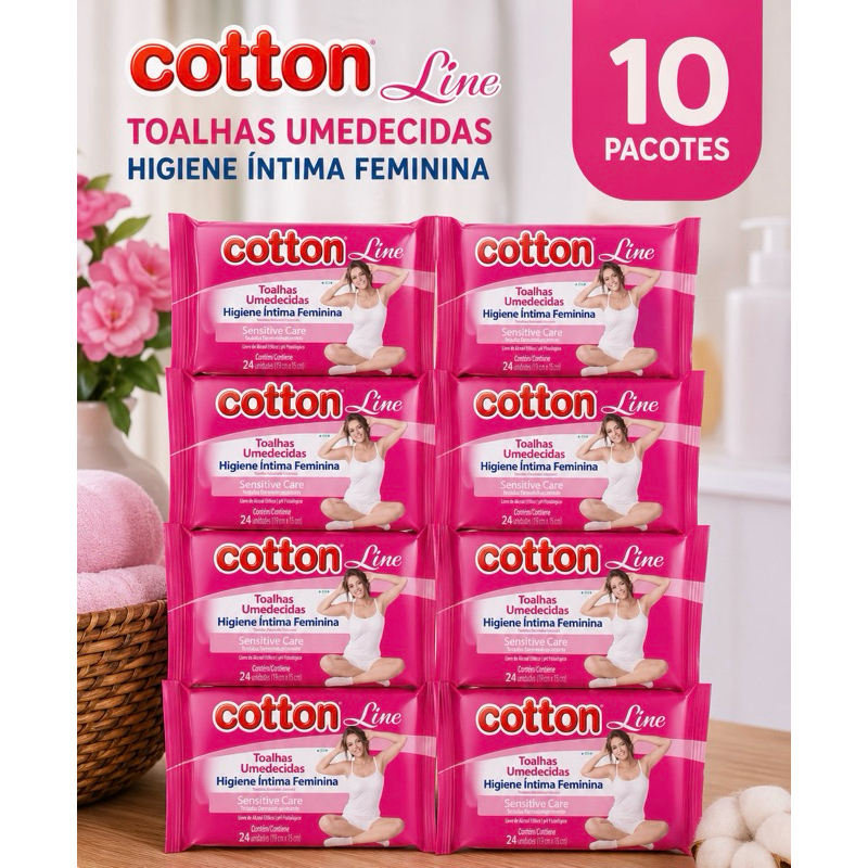 Kit 10 Pacotes Toalhas Umedecidas Higiene Íntima Cotton Line - Alta Qualidade, Sem Álcool, Hipoalergênicas