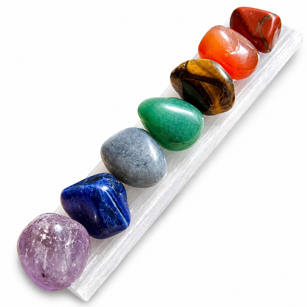 Kit 7 Chakras Pedras Naturais + Base Selenita Colada Energia, Proteção, Equilíbrio e Decoração