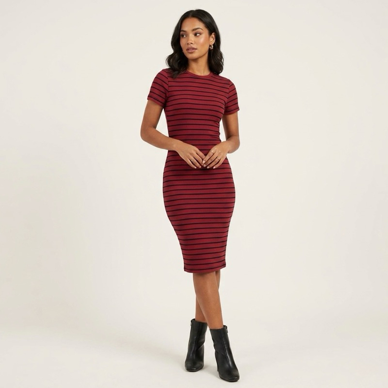 Vestido Midi Canelado Listrado Feminino Tubinho Justo Premium Sem Transparência Casual Chic Moda Evangélica Inverno Luxo