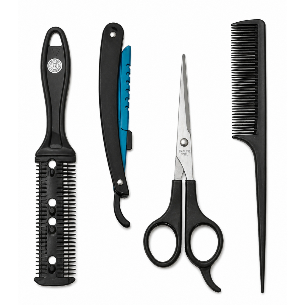 Kit Barbeiro Profissional 4 Peças - Aço Inox Premium (Tesoura, Navalhete, Navalha e Pente)