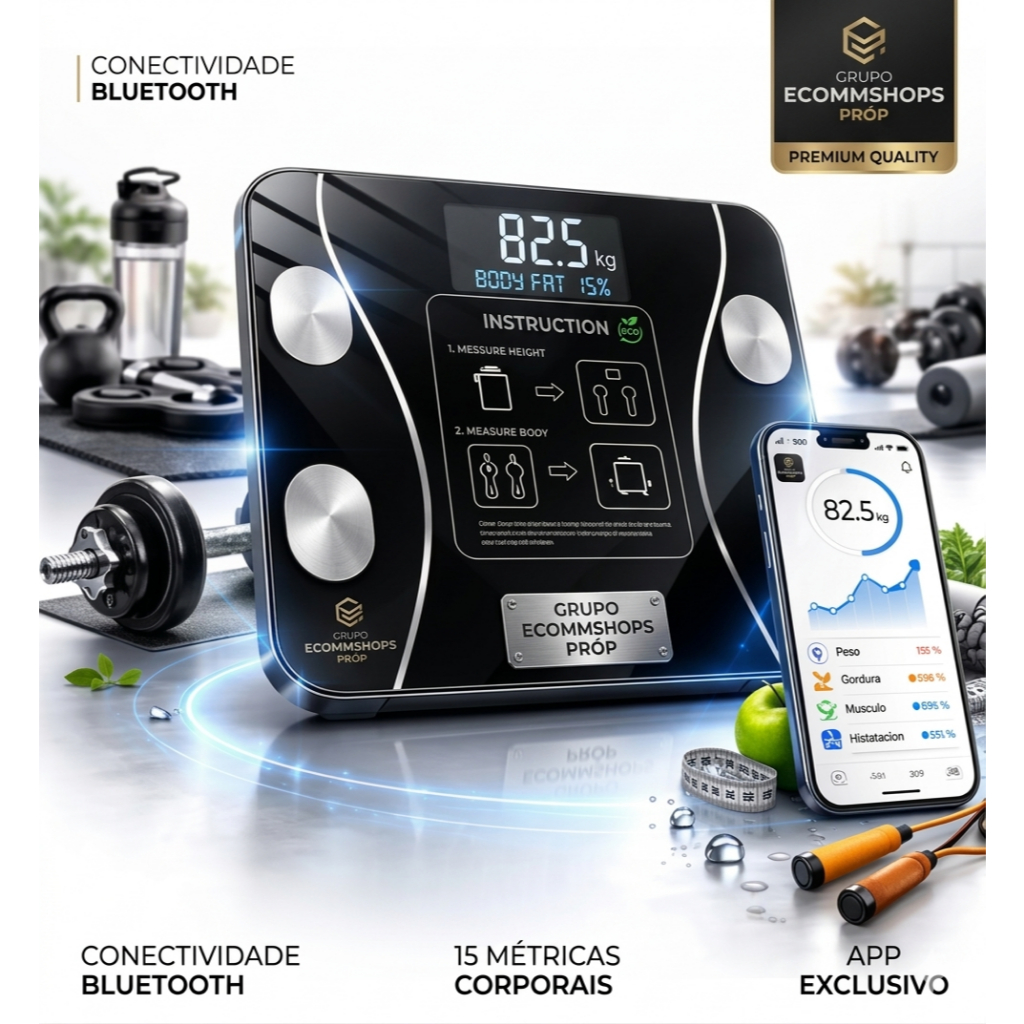 Balança Digital Bioimpedância Corporal 180KG Display Bluetooth Aplicativo Gratuito IOS para Android
