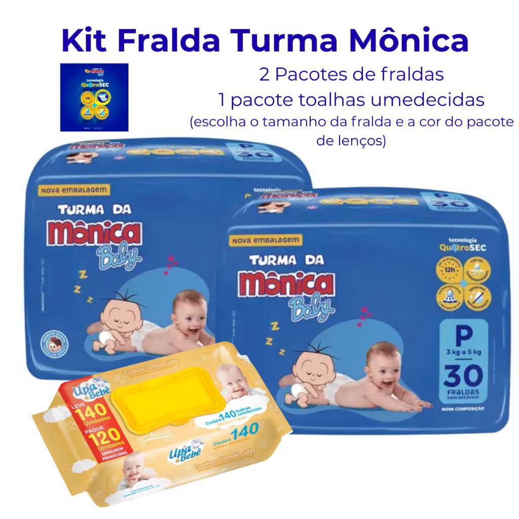 Kit Bebê 2 Pacotes Fralda Turma da Mônica + Toalha Umedecida Upa Bebê Sem Álcool Pele Delicada