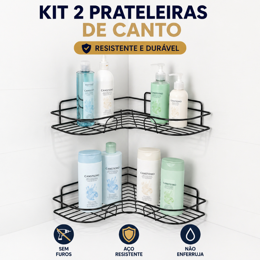 💎 Kit 2 Prateleiras de Canto em L Aramadas Porta Shampoo Banheiro Premium Organizadora