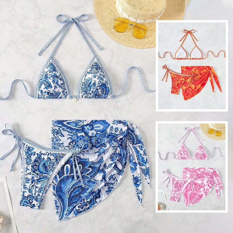 Conjunto de biquíni de três peças Para praia no verão Lnclui saia e saída de praia estilo xale