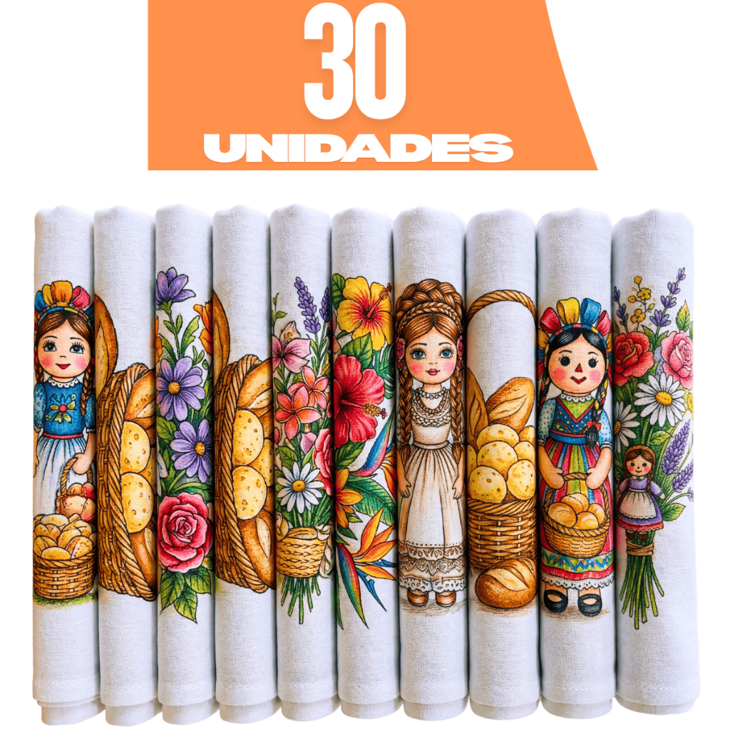 Kit 30 Panos De Prato Estampados Com Bainha 100% Algodão 60x35
