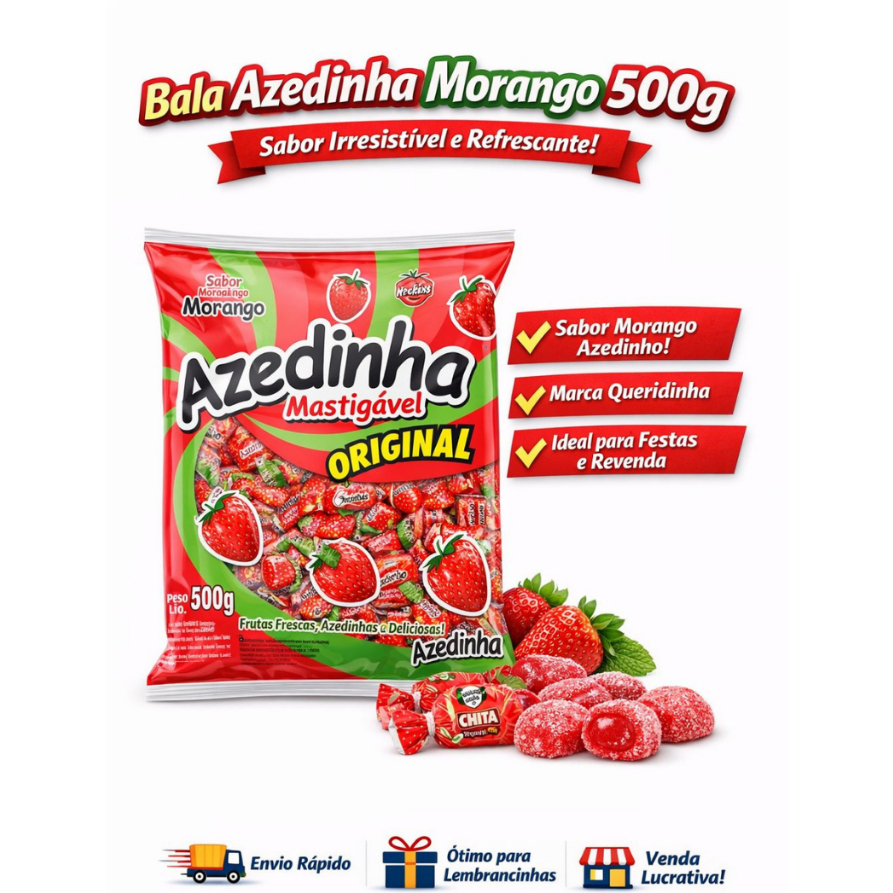Bala Azedinha Mastigável Morango 500g 🍓 Original | Doce Macio e Sabor Intenso