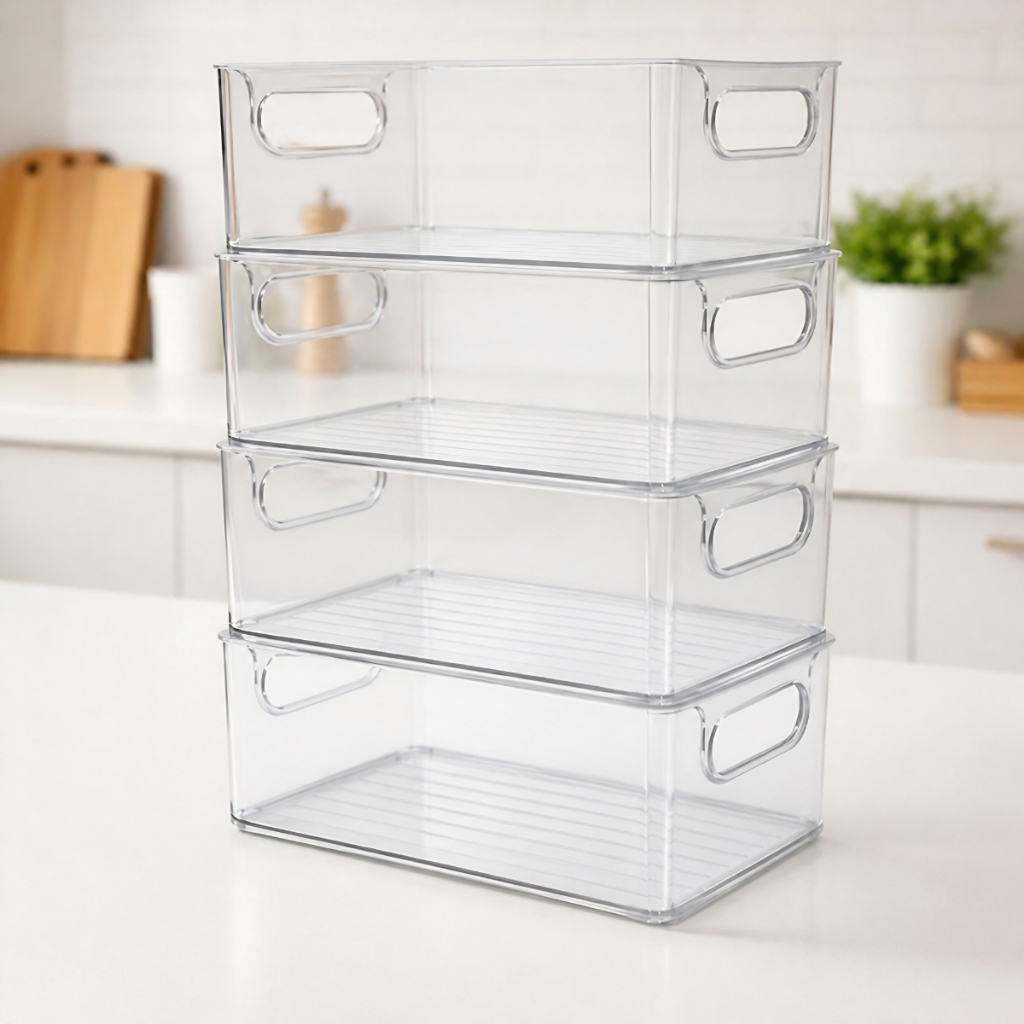 Kit 4 Organizador de Armário Multiuso Transparente Empilhável Gaveta Cozinha Despensa Geladeira
