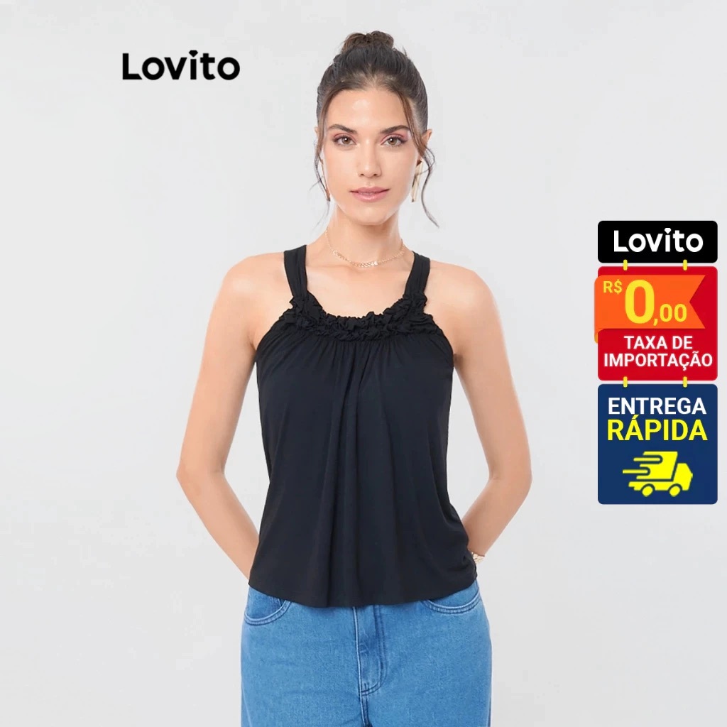 Lovito Top Alças Finas Com Aplicação de Flor Moda Feminina BRBLB1BRL031