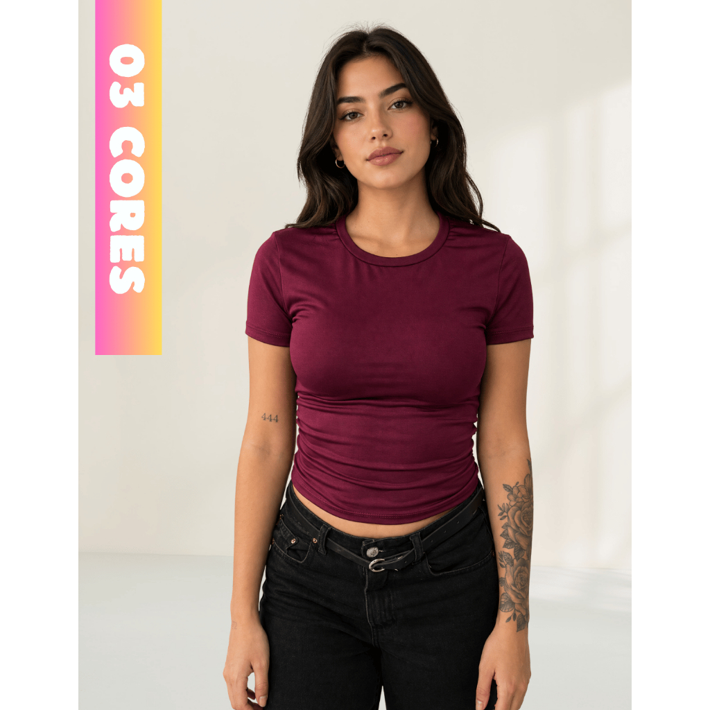 Blusa Baby Tee Feminina Slim Fit Manga Curta Camiseta Básica Lisa Baby Look Casual Premium
