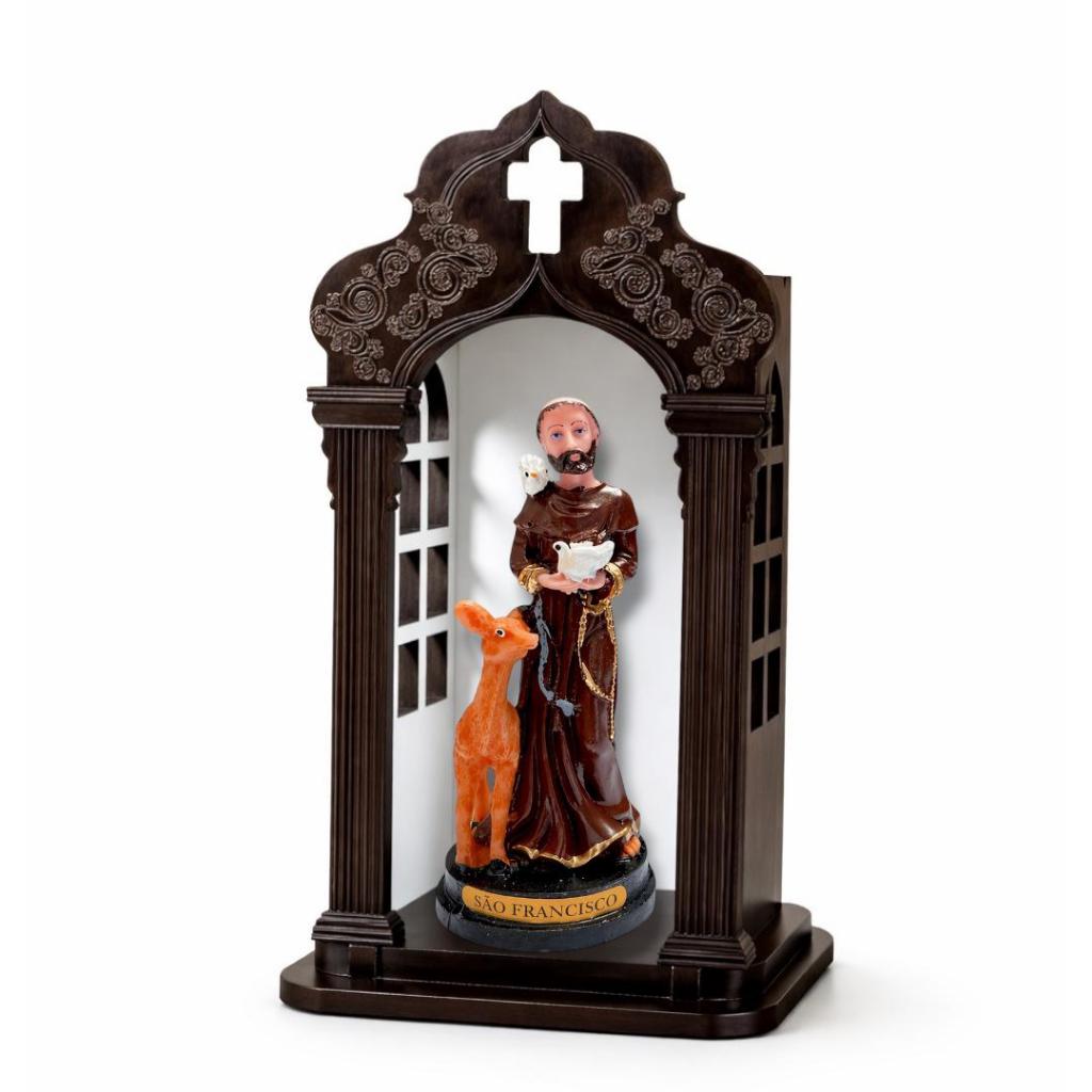 Imagem São Francisco De Assis 15cm Resina com Capela Oratório Madeira Mdf