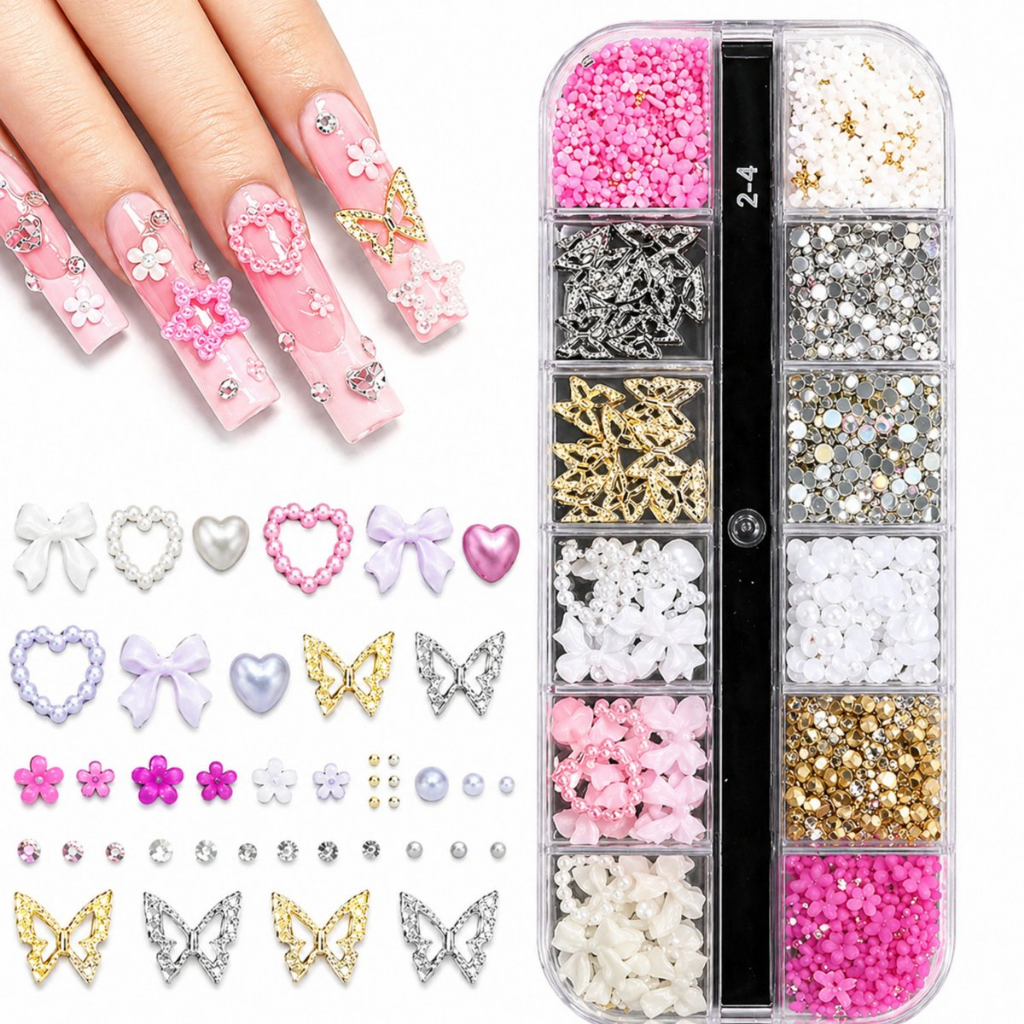 Decoração para Unhas 3D Kit 12 Grades com Strass Pérolas Borboleta Flores