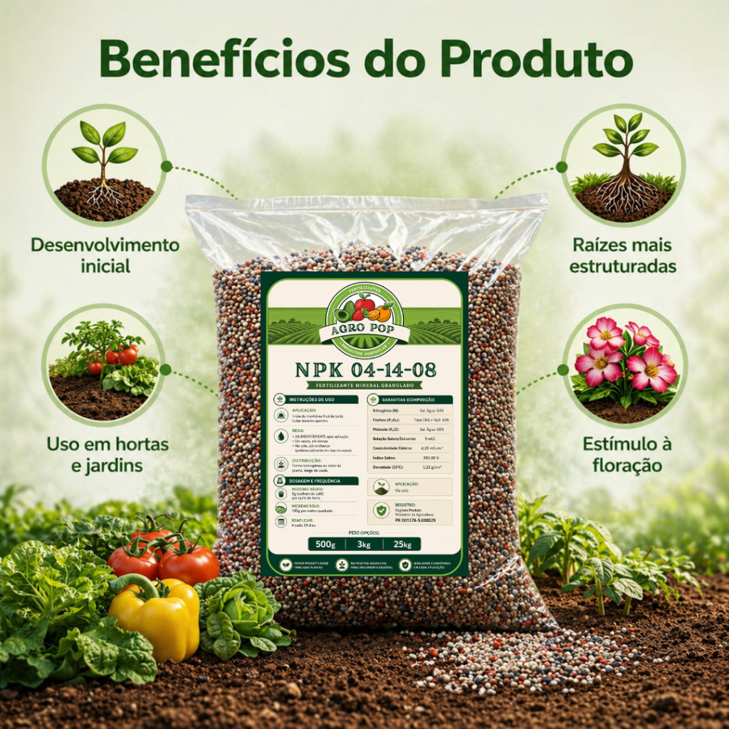Adubo Fertilizante NPK 04-14-08 25kg Granulado Flores Suculentas Rosas do Deserto Hortaliças