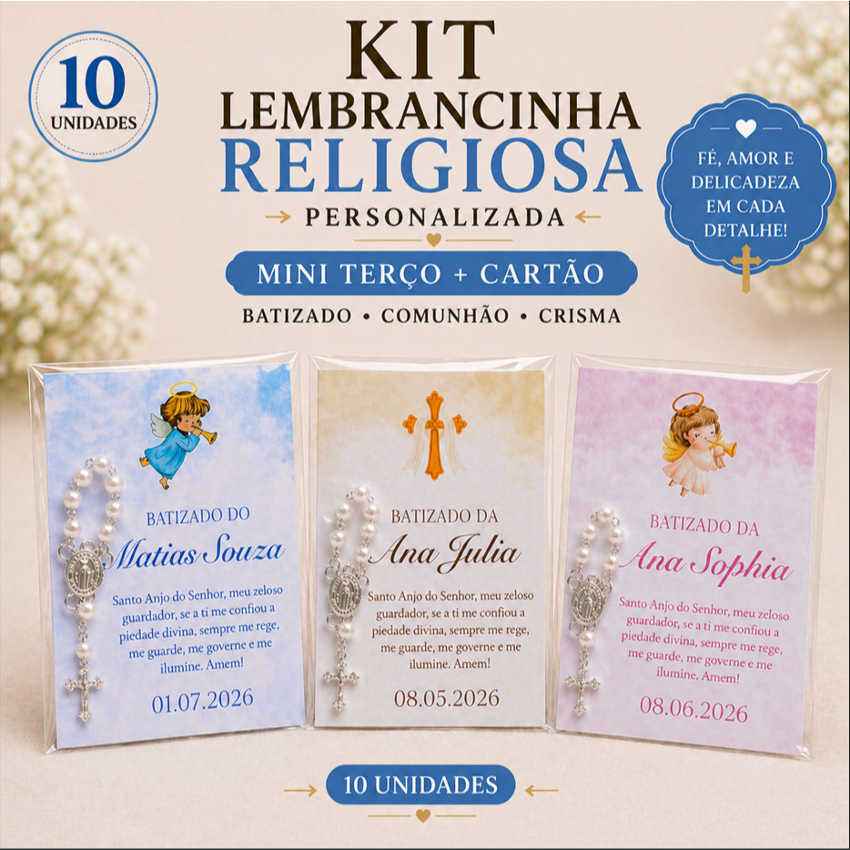 10 Lembrancinha Religiosa Personalizada Mini Terço + Lembrancinha Batizado Comunhão Crisma