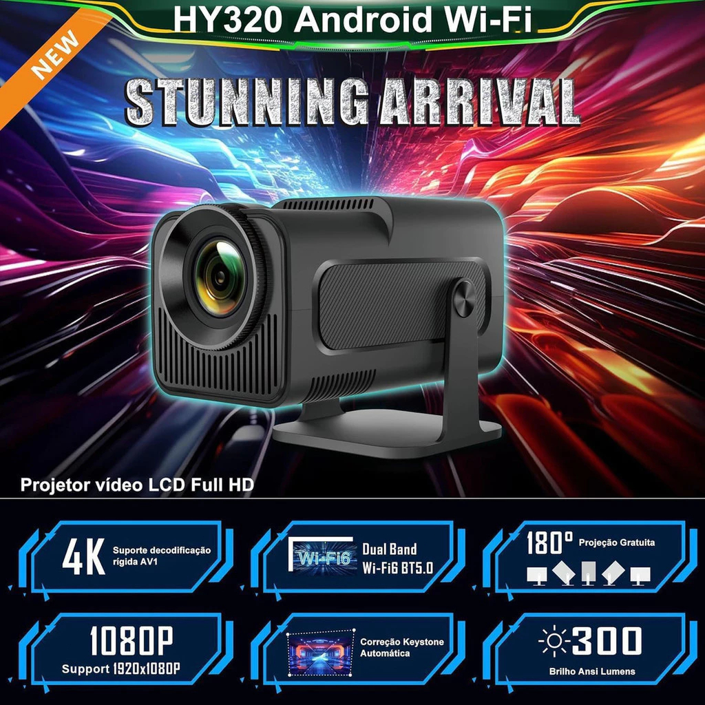 Projetor LED 320 4K Full HD, Bluetooth, sistema inteligente Android, Wi-Fi, modelo mini portátil, entrada HDMI, controle