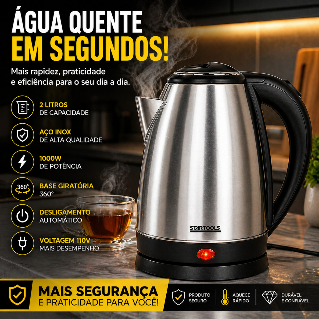 Chaleira Jarra Elétrica Inox 2 Litros Aquecimento Rápido 110V Durabilidade Alta Capacidade 1000W