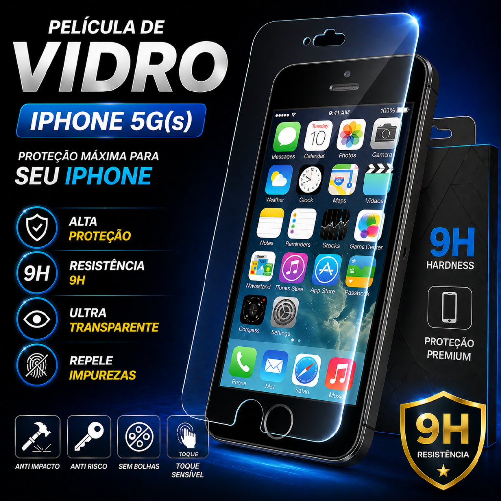 Película Vidro Temperado Transparente 9H iPhone 5 5S - Proteção Invisível + Toque Original