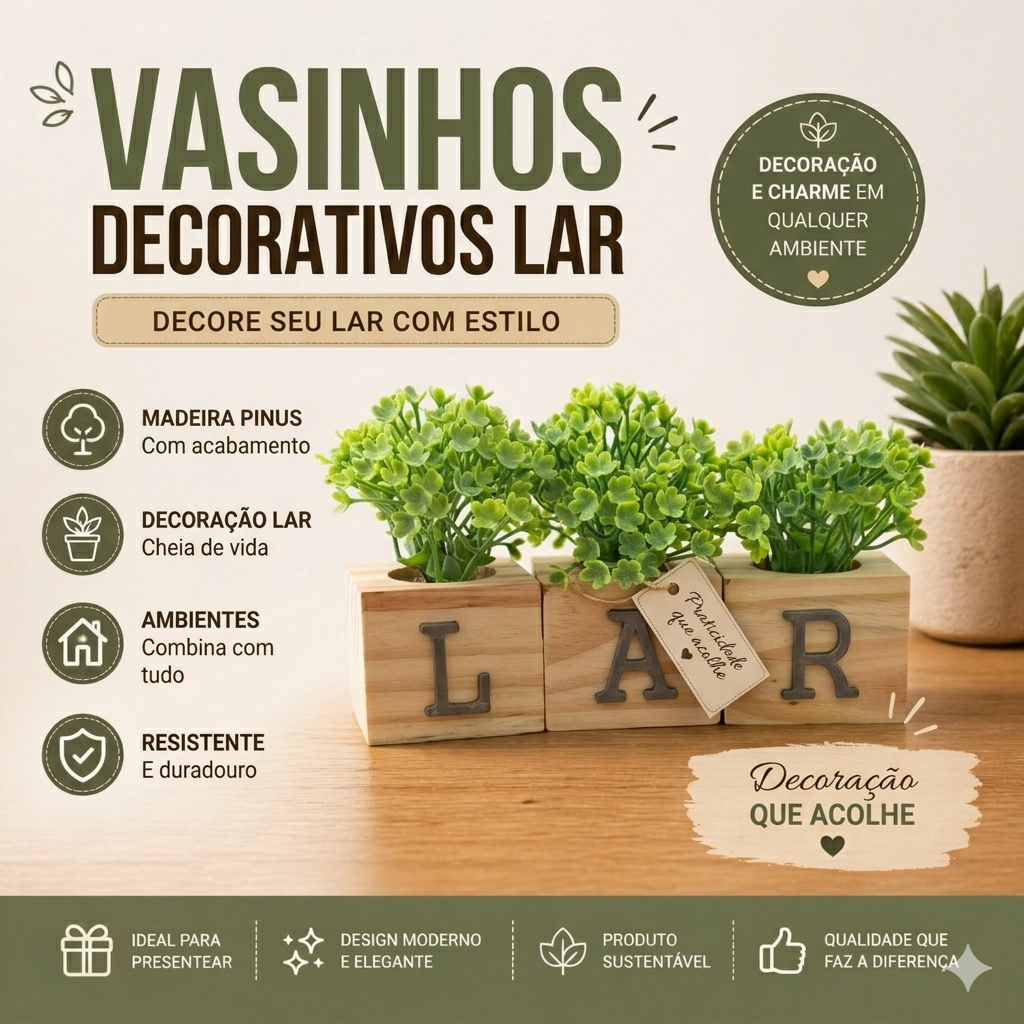 Vaso Decorativo de Madeira com Planta Artificial | Kit 1, 2 ou 3 Cubos | Decoração Moderna | Mini Jardim Artificial