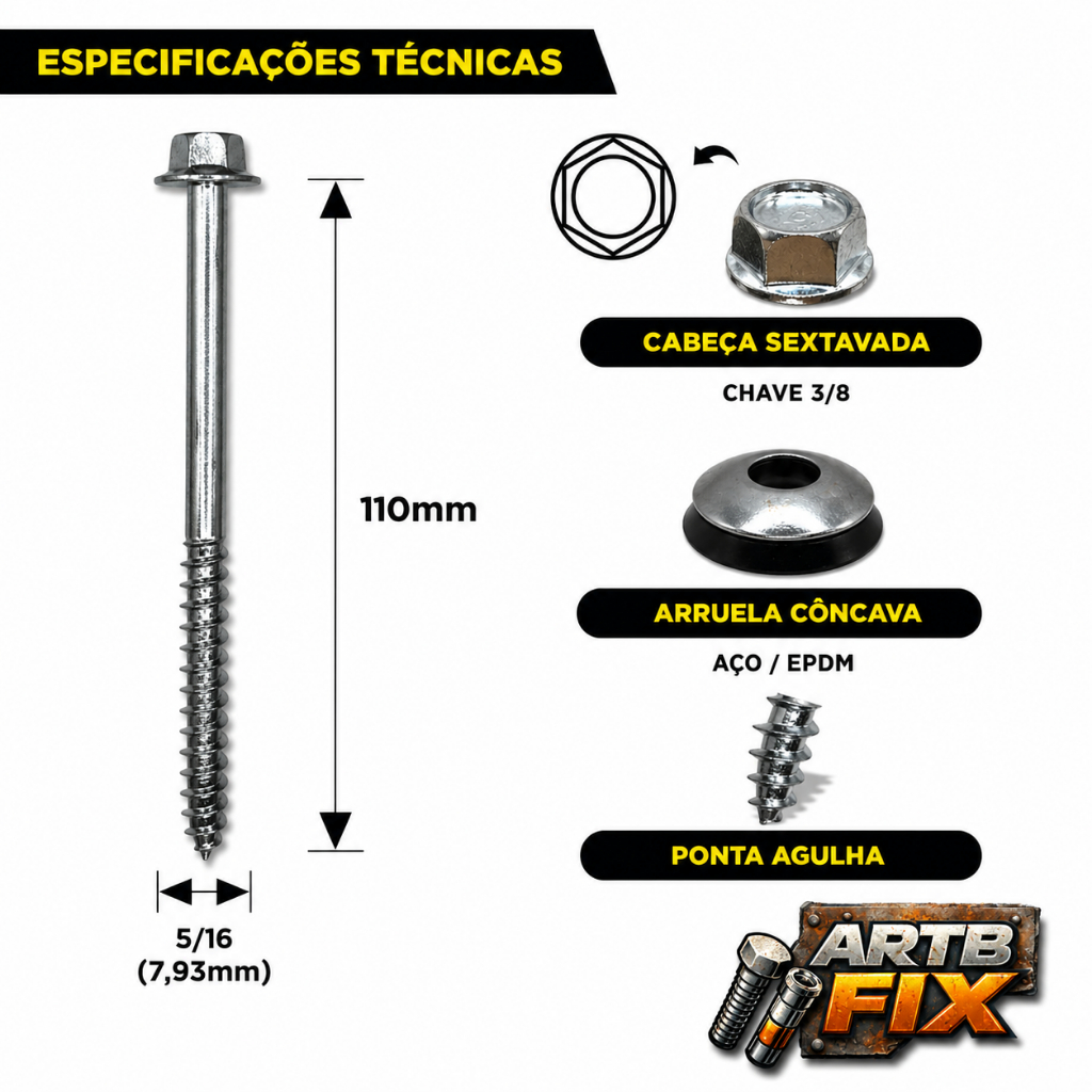 Parafusos Telha Fibrocimento 5/16 x 110mm Completo com Arruela e Vedação 25, 50 e 100 unidades. — imagem 2 de 2