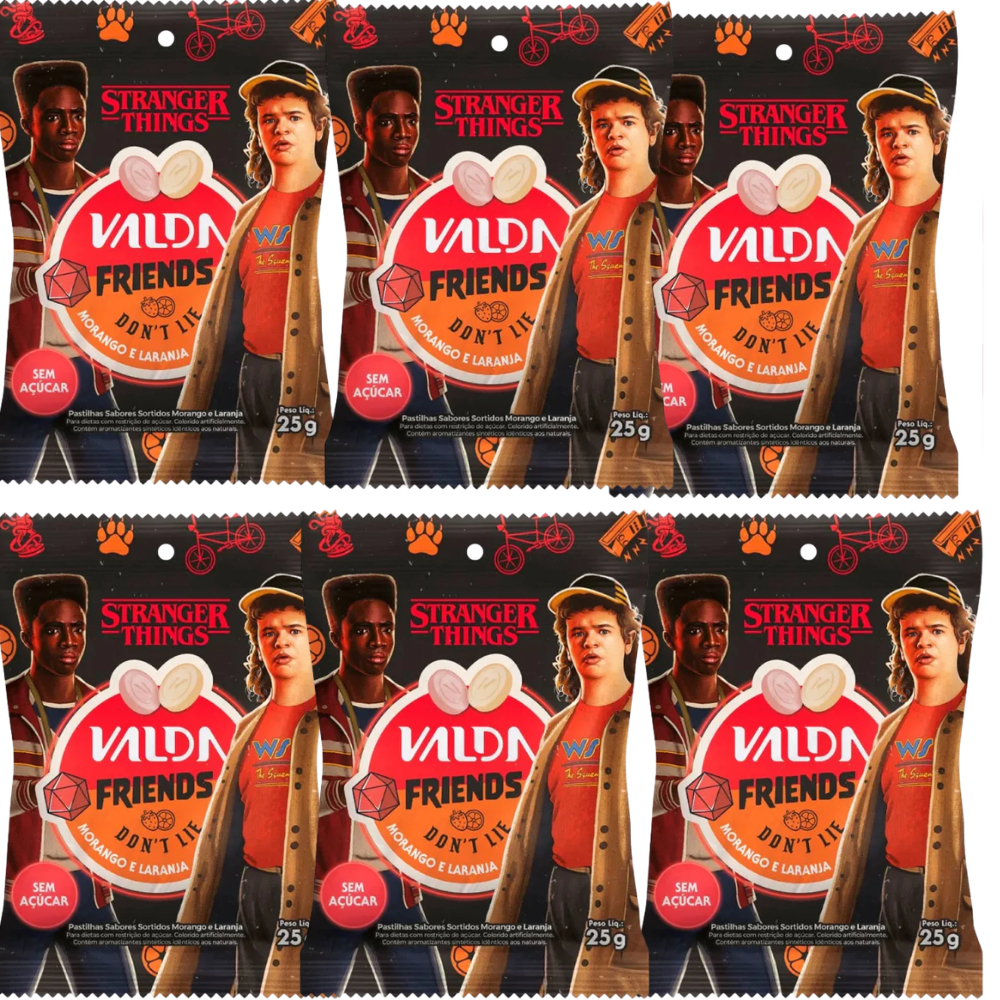 Kit C/6 Pastilhas Valda Stranger Things Friends Sachê Sabor Morango e Laranja 25g