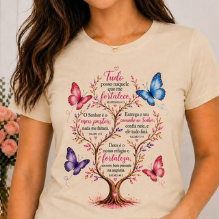 Blusa T-Shirt de Algodão 30.1- Árvore, Borboletas e Salmos Cristã