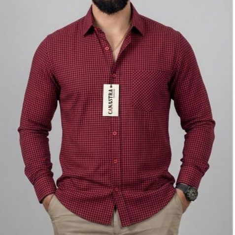 Camisa Masculina Manga Longa Micro Xadrez Country Tricoline Algodão Com Bolso