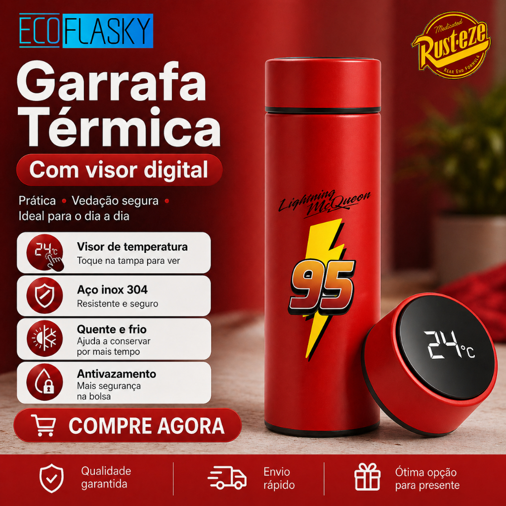 Garrafa Térmica de Água  Aço Inoxidável Disney Pixar Lightning McQueen Termometro LED Digital 500ml