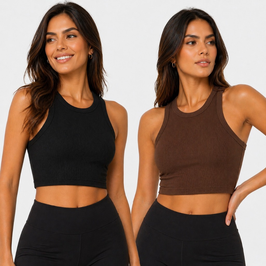 Kit 2 Cropped Regata Feminina Canelada Ribana – Blusinha Básica para Academia e Dia a Dia