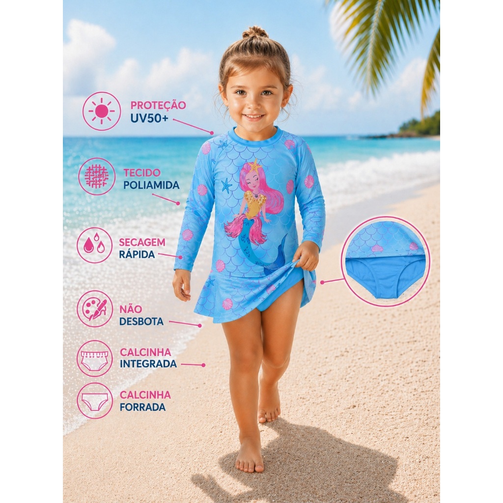 Conjunto Praia Infantil Menina com Biquini/Calcinha Integrado Saia + Blusa Longa Proteção Uv50+