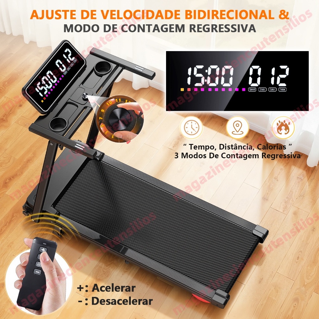 Esteira Elétrica Ergométrica Dobrável 2.5HP 12km/h Silenciosa Preto com Tela LED Bivolt