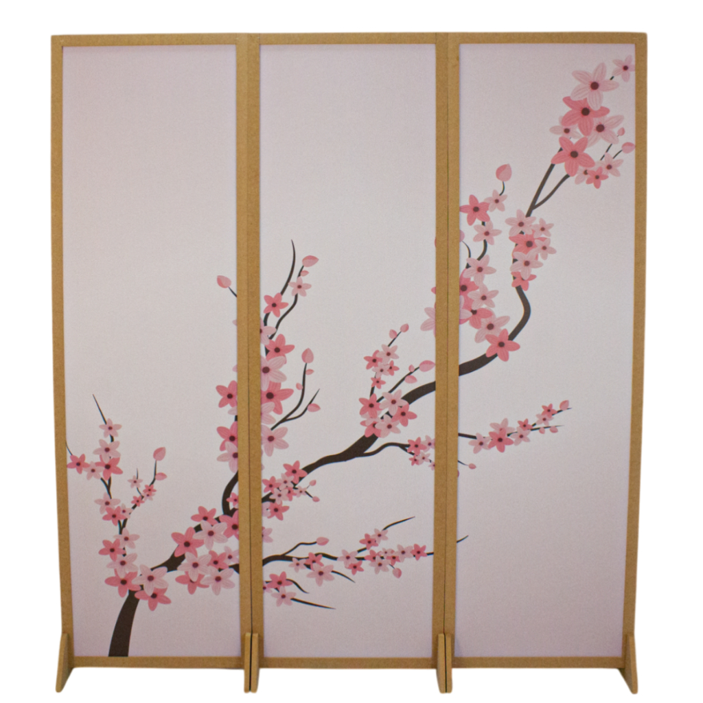 3 Biombo Oriental Inteiro Pé Divisor Ambiente Japonês Painel Divisória Folha Separador Flor Sakura Cerejeira Madeira Mdf
