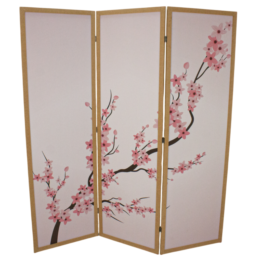 3 Biombo Inteiro Oriental Sanfonado Separador Ambiente Folha Divisória Painel Divisor Flor Sakura Cerejeira Mdf Tecido