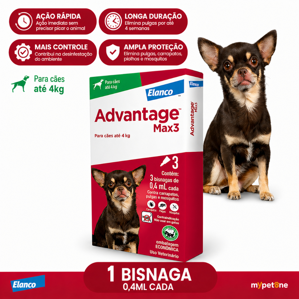 Advantage MAX3 0,4 mL Elanco para Cães Até 4 Kg - 3 Bisnagas