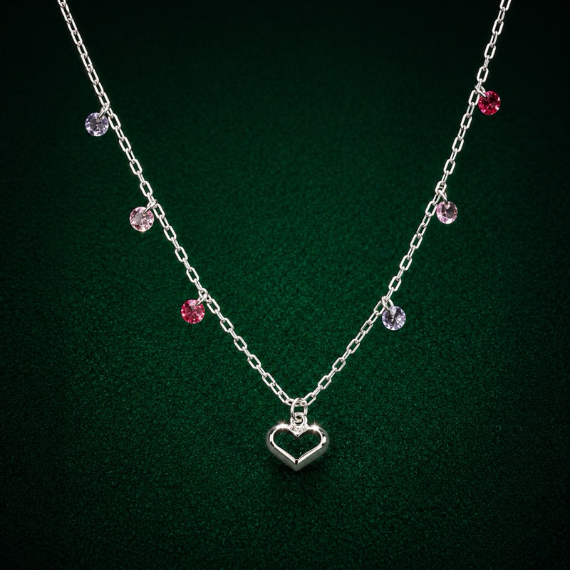 Choker Prata 925 com Coração Vazado e Pedras Coloridas Feminina