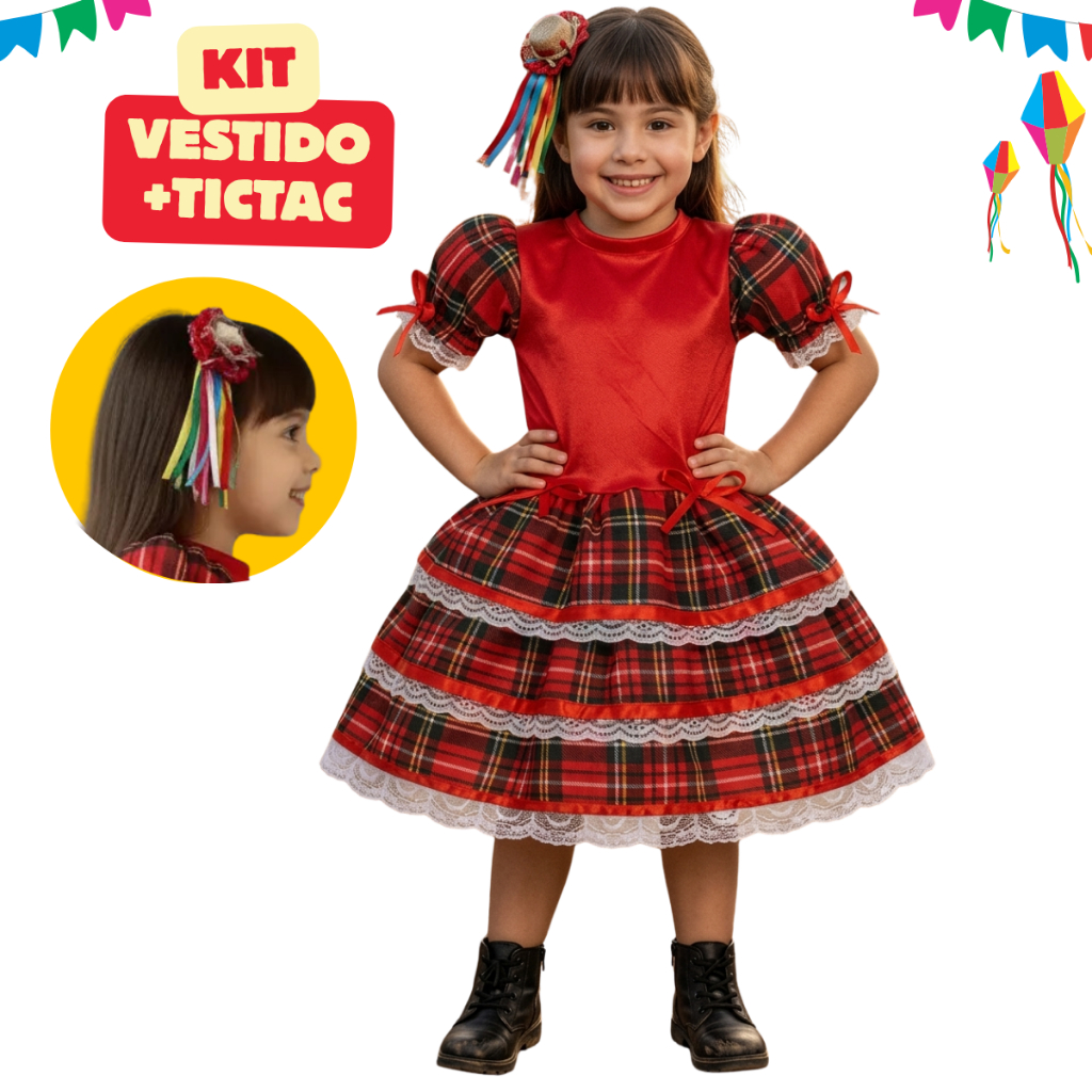 Kit Vestido Menina Infantil Festa Junina + TicTac Quadrilha Roupa Xadrez Festa Junina Menina