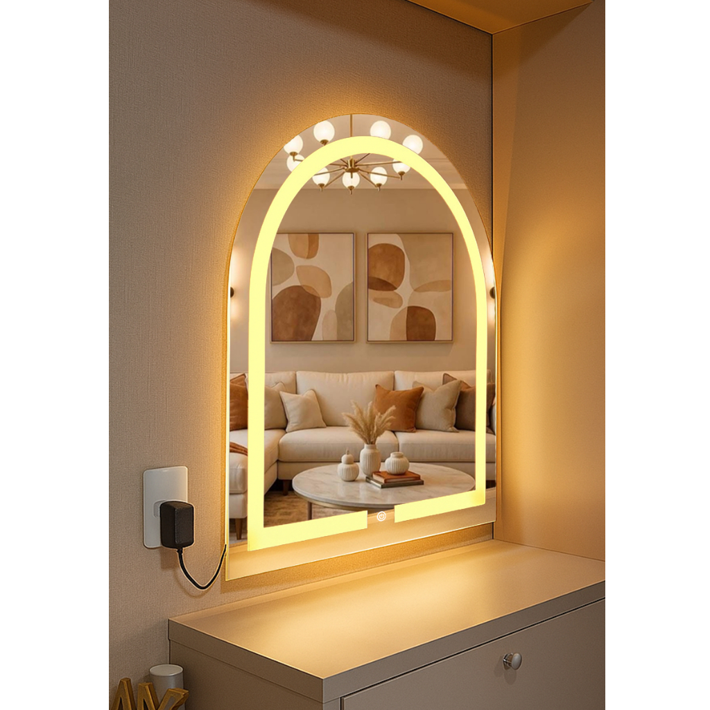 Espelho Janela Oval Base Reta com 3 Cores LED e Botão Touch Liga/Desliga para Penteadeira