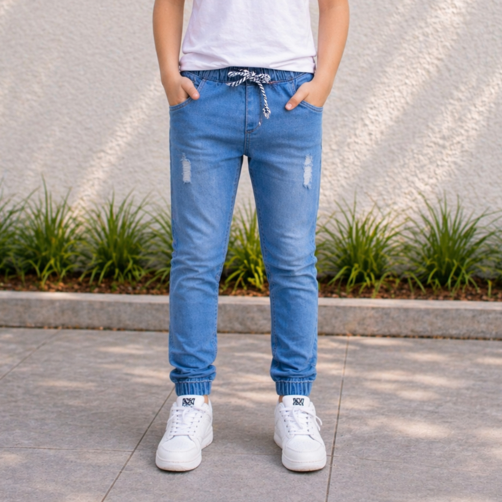 Calça Jogger Infantil Jeans C/Punho Sarja  Menino