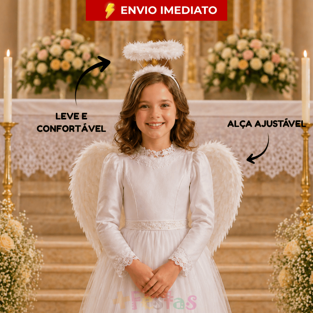 Asa Branca de Anjo Tiara Áurea Anjinha Pena Artificial Acessório Coroação Igreja Fantasia Infantil