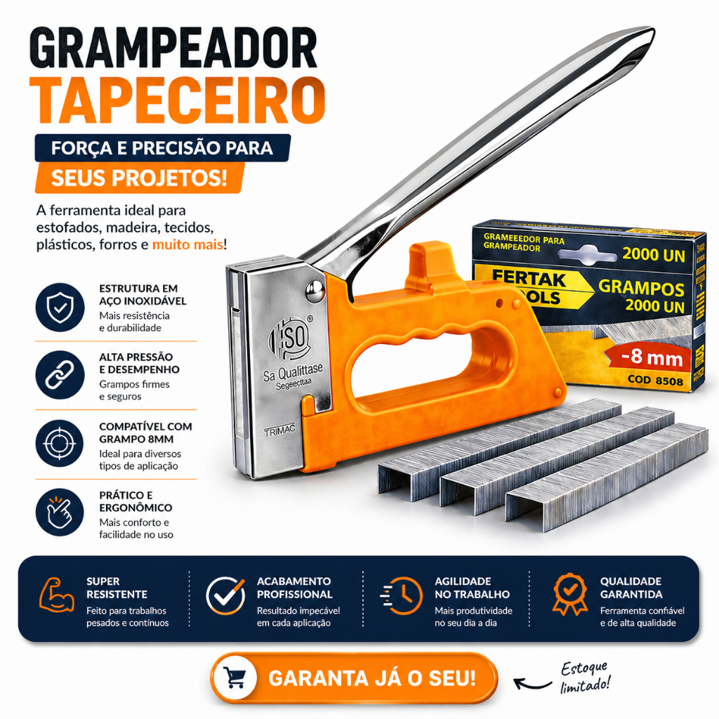 Grampeador Tapeceiro Manual Profissional 4 6 8mm 3000 Grampos Estofador Madeira