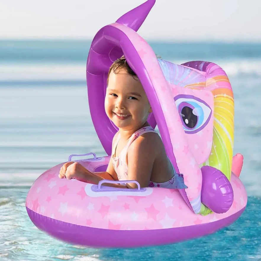 Bóia Inflável Bote Bebê Com Cobertura Proteção UV e Assento Infantil 52cm