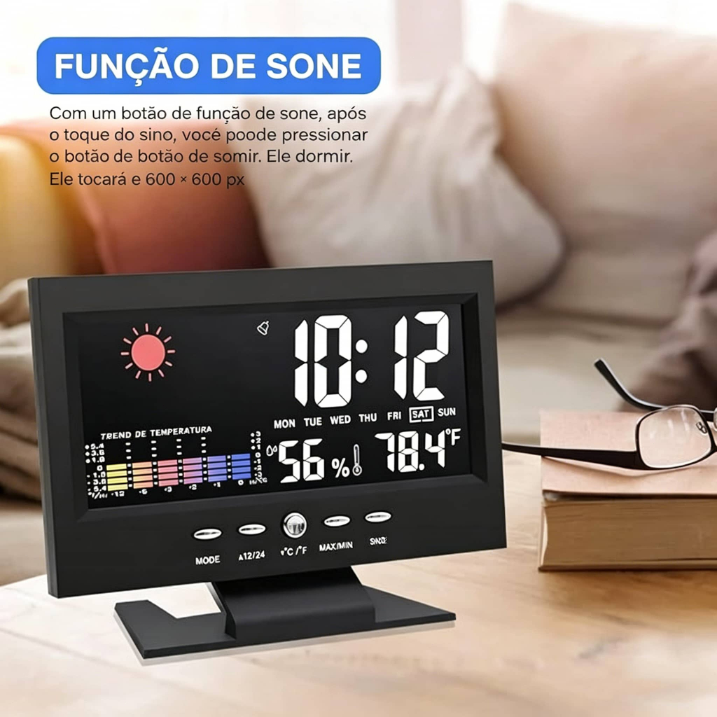 Relógio de Mesa Digital LED Tela Grande Calendário Temperatura Relógio Silencioso com Sensor de Clima e Ativado por Voz