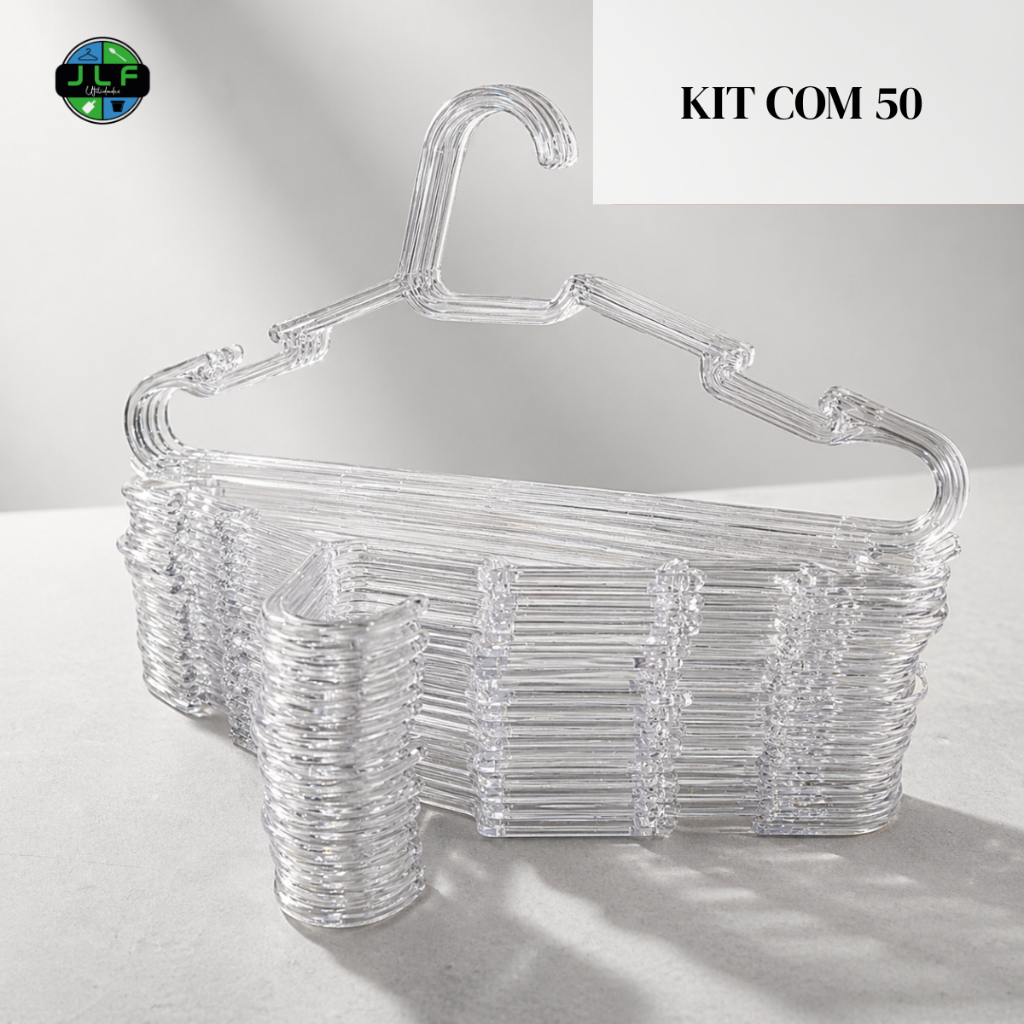 Kit 50 Cabides Plástico Acrílico Transparente Adulto Cristal