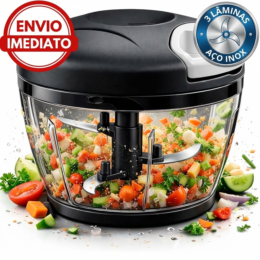 Mini Processador de Alimentos Manual, Triturador de Alho para Cozinha, 3 Laminas Aço Inox, 500ML