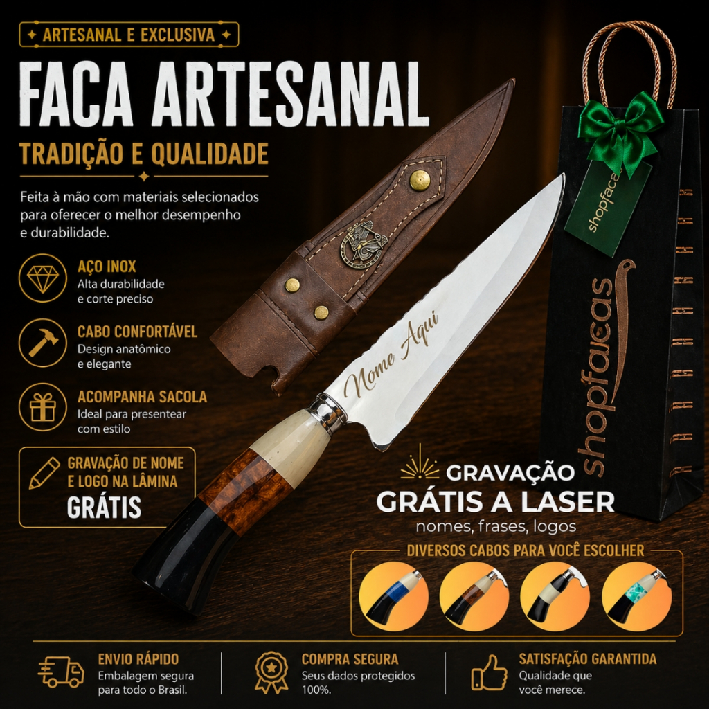 Faca Churrasco Personalizada Afiada Aço Inox com Nome Personalizado a Laser 9 Polegadas
