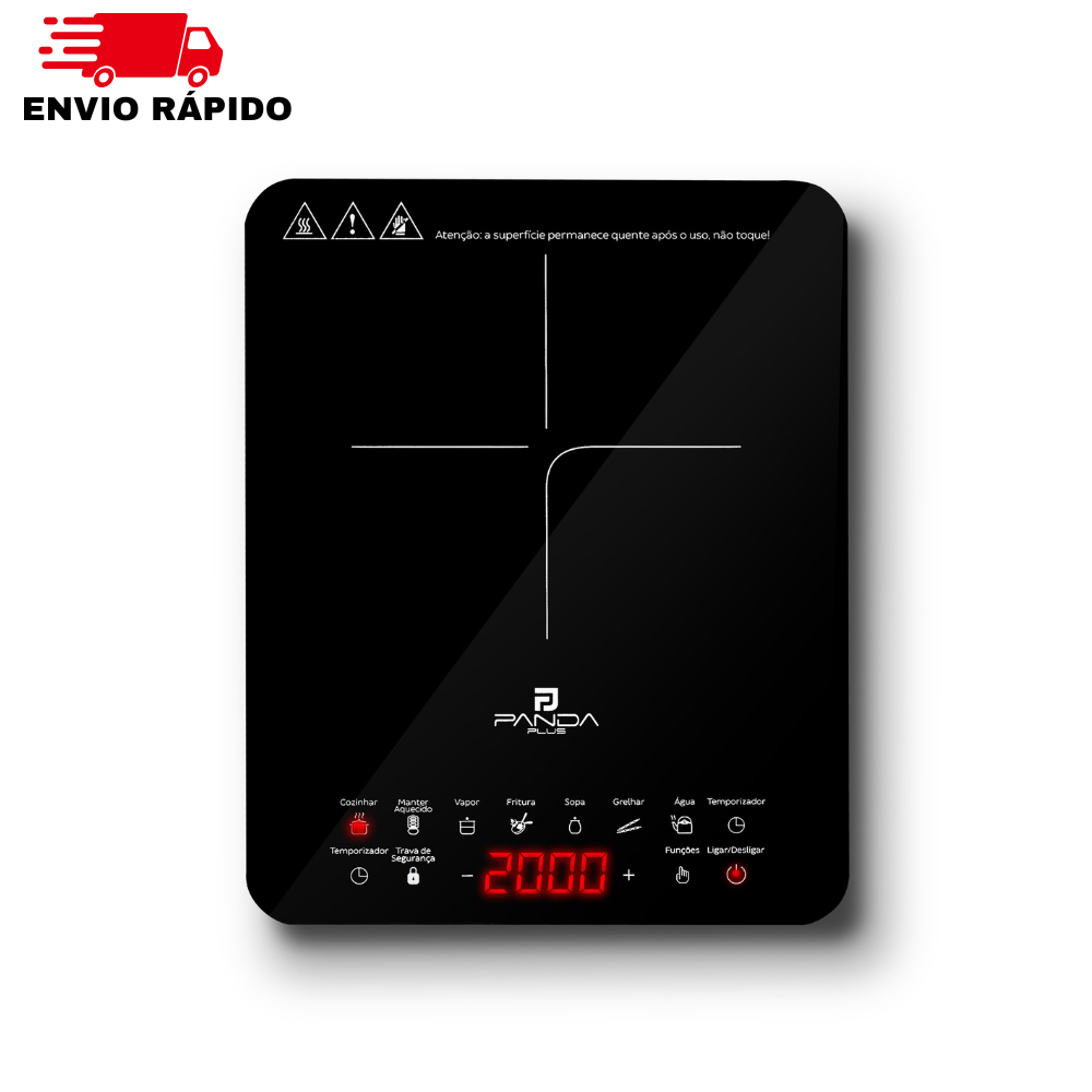 Cooktop Indução 1 Boca Portátil PandaPlus 2000W 220V Touch 8 Níveis Temperatura Trava de Segurança Timer Vitrocerâmico