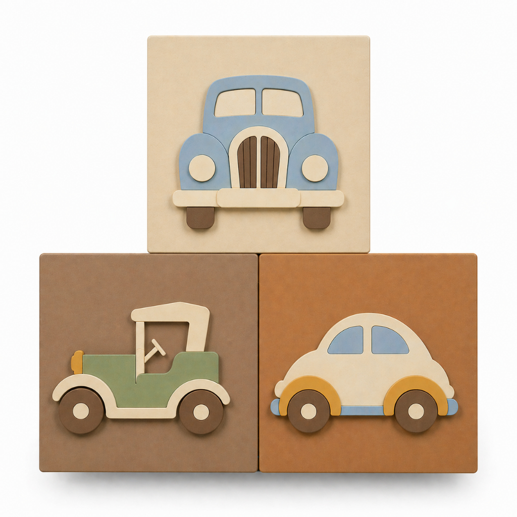 Kit 3 Cubos Decorativos MDF Carros Antigos Carrinho Bebê Jeep Fusca Infantil Decoração Bege