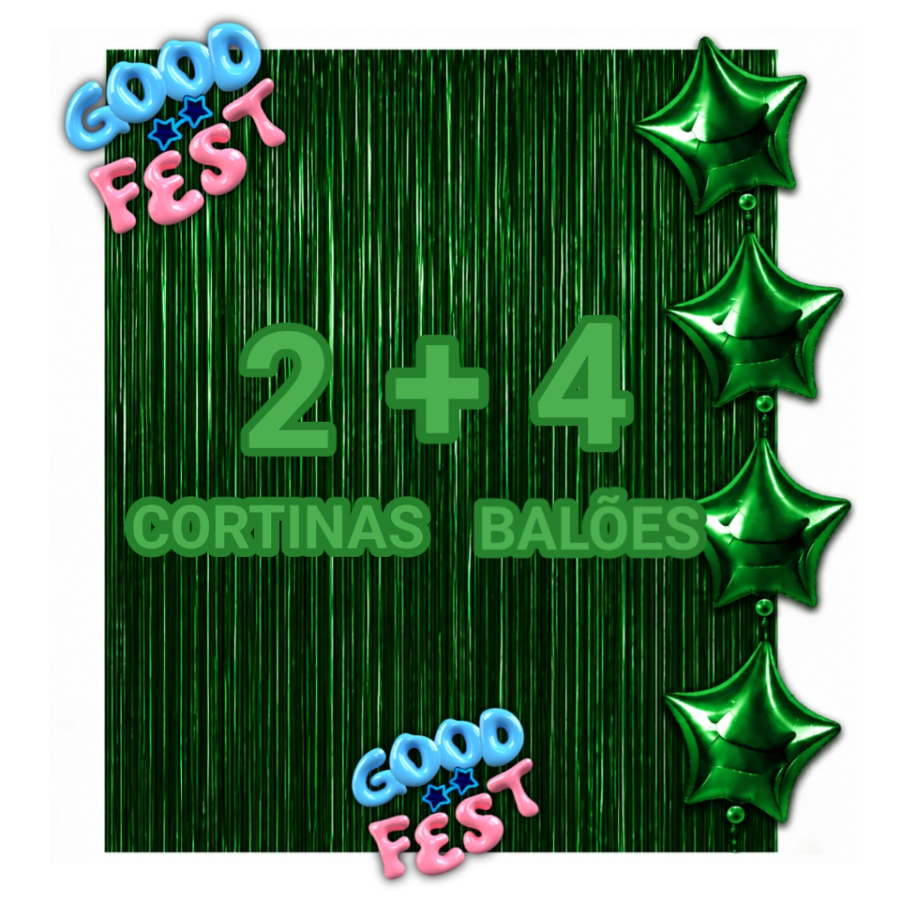 Kit 2 Cortinas Metalizada + 4 Balões Estrelas, Verde Kit Decoração, Festa, Comemoração, Adereços, 13 Cores