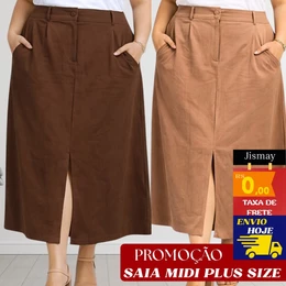 Saia Midi Plus Size Feminina Alfaiataria Marrant Cintura Alta Fenda Frontal Bolso Elegante G1 G2 G3