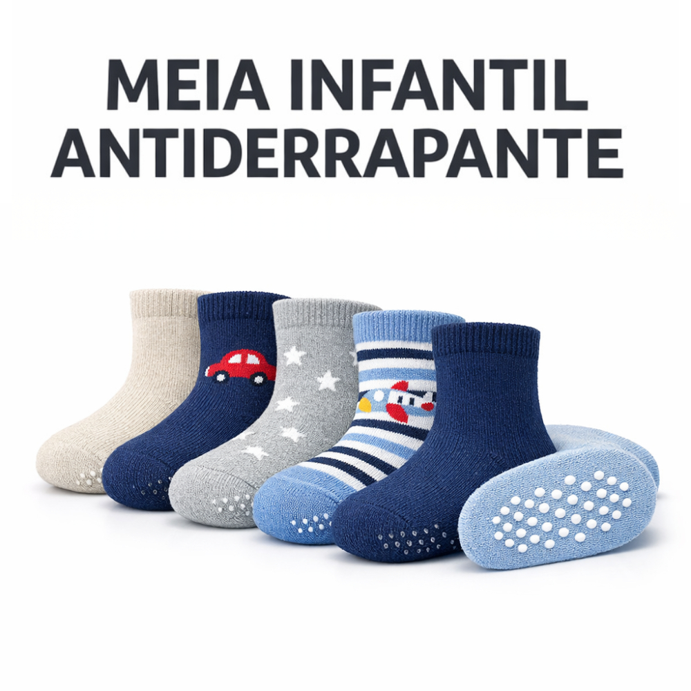 Kit Meia Infantil Antiderrapante Menino 2 a 4 Anos 21 a 26 Masculina 3 6 12 Pares