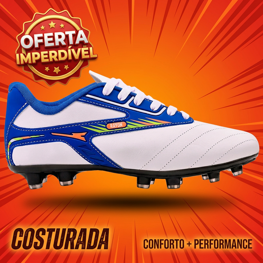 Chuteira em Couro 100% Legitimo Campo Trava  Resistente Costurada Original Fly Race R422-03